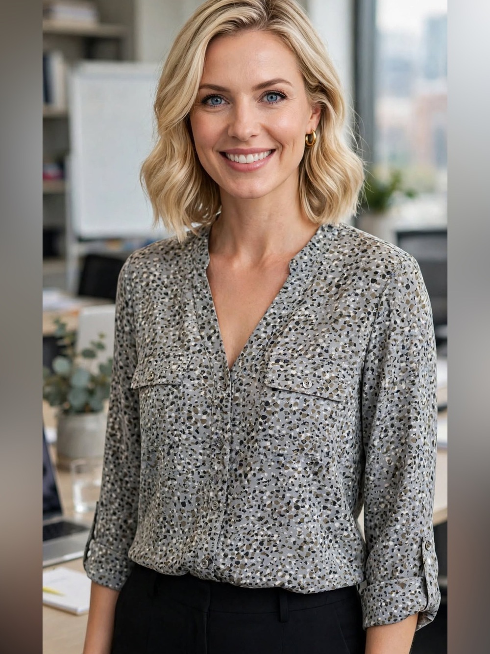 Grey Printed V-Neck Women's Blouse
